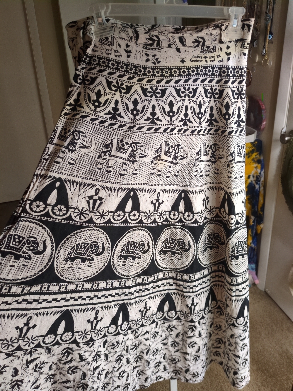 Rainbow OSFA Black & White Full Wrap Maxi Skirt Cotton Elephants Boho India